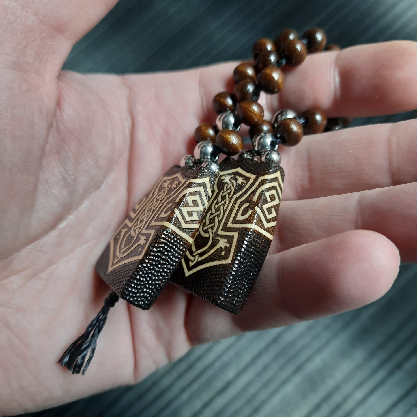 Handmade Wooden Chetki Skilltoy | Slavic Flip Rosary | Pocket Worry Beads for Hand Dexterity "Thor's Hammer"