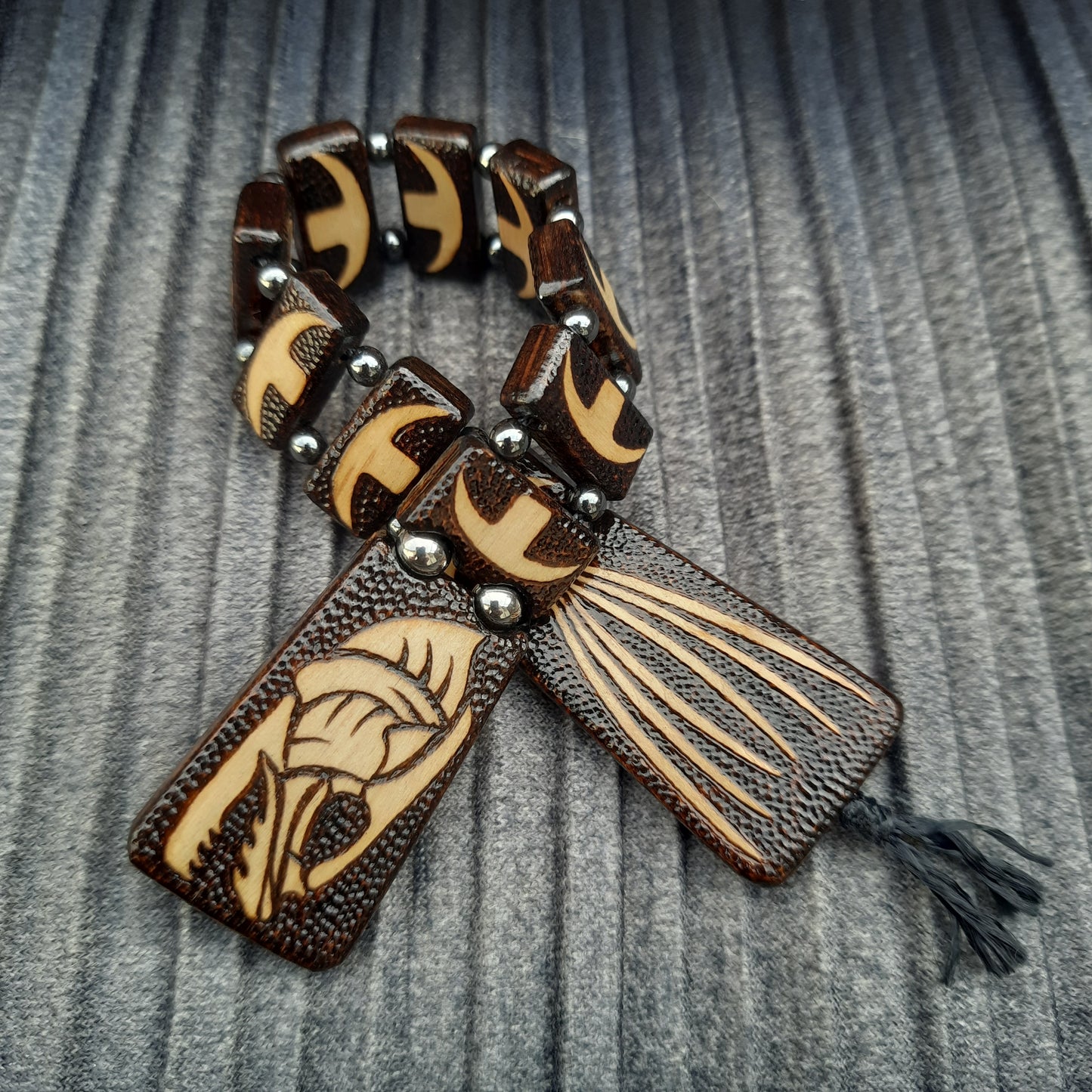 Chetki wood "Long fish skeleton" handmade, rosary,  anti-stress meditation and finger training, worry beads, tzbex (SCU: 241009)