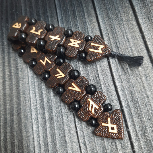 Chetki "Futhark Runes" v2, wood+agat+kevlar, rosary, anti-stress meditation and finger training, anxiety beads (SCU: 241005)