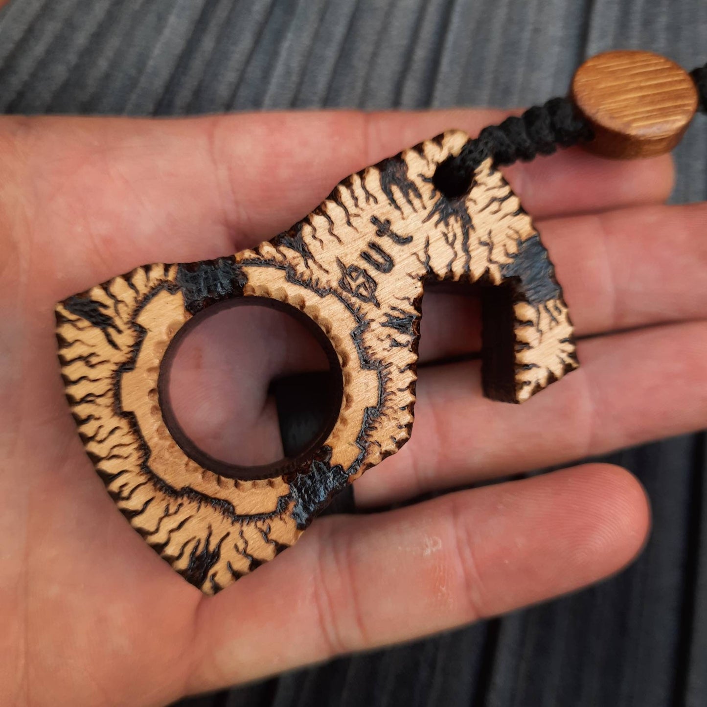 Wooden EDC keychain "Fall-out", phone stand, (SCU: 602)